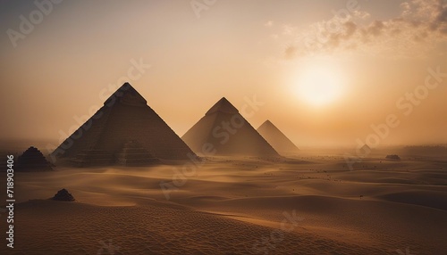 the ancient Egyptian pyramids  it is foggy and sunrise 