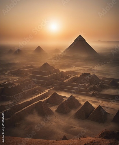 the ancient Egyptian pyramids  it is foggy and sunrise 