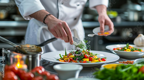 Food Industry, A chef in a professional kitchen, preparing gourmet dishes, surrounded by cooking ingredients and utensils.