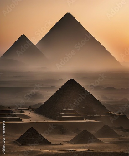 the ancient Egyptian pyramids  it is foggy and sunrise 