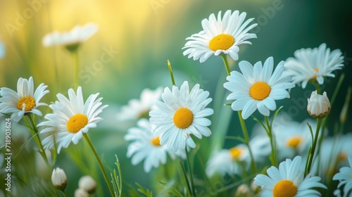 Beautiful chamomile flowers in meadow. Spring or summer nature scene with blooming daisy in morning © Onchira