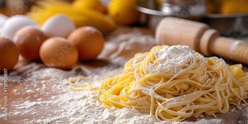 Freshly prepared yellow pasta   dry and cooked pasta   egg pasta   fettuccine   tagliatelle   pasta without sauce with cheese   Italian cuisine   background   wallpaper.