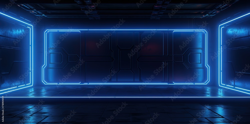 A dark empty room decorated with light blue lines. generative AI A dark empty room decorated with light blue lines. generative AI