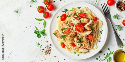 Pasta with chicken pieces and vegetables , tomatoes ,parmesan ,basil ,Italian cuisine ,home cooking ,background ,wallpaper.