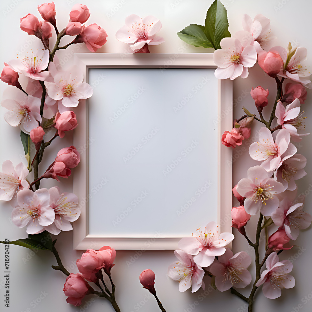 Blank photo frame with pink sakura flowers on white background.