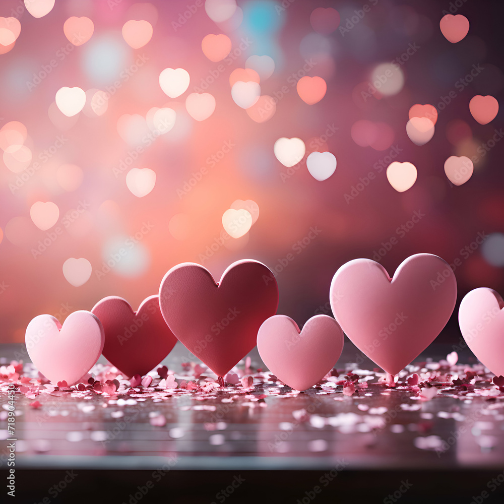 Valentine's day background with pink hearts and bokeh lights