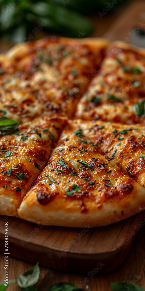 Leckere Pizza mit schöner Kruste als Nahaufnahme im Hochformat für Banner Leckere Pizza mit schöner Kruste als Nahaufnahme im Hochformat für Banner