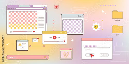aesthetic retro computer browser 90s vaporwave style with smile daisy flower. Retrowave pc desktop with 404 error message boxes and popup user interface elements.