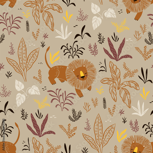 seamless animalistic vector pattern with lion and exotic plants