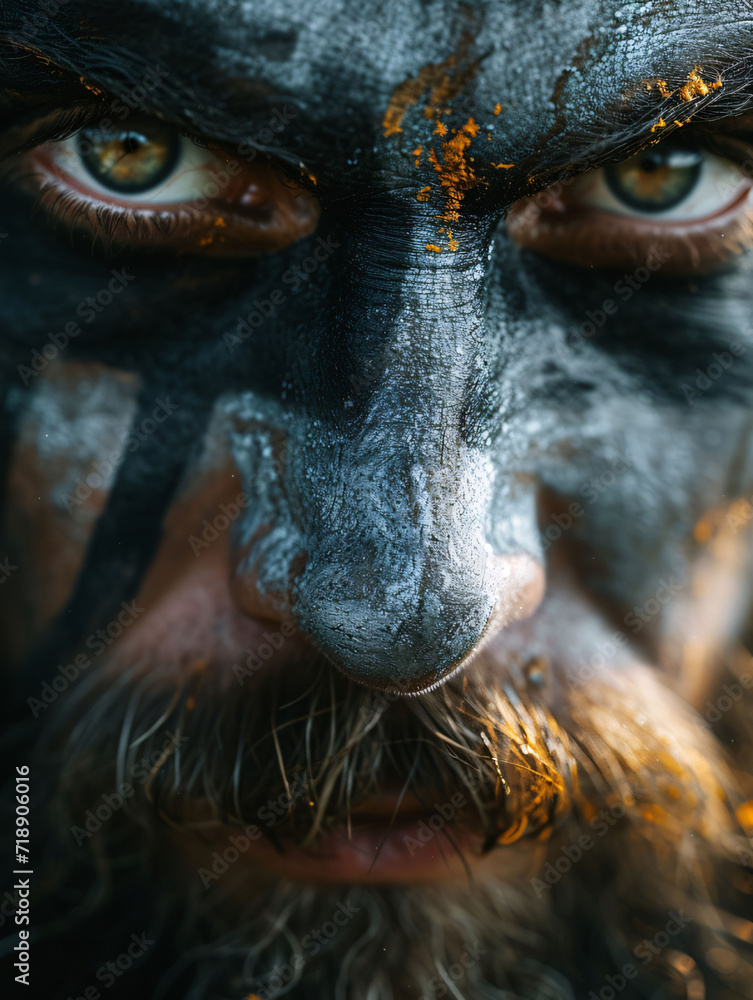 Gros plan sur le visage maquillé d'un viking Gros plan sur le visage maquillé d'un viking