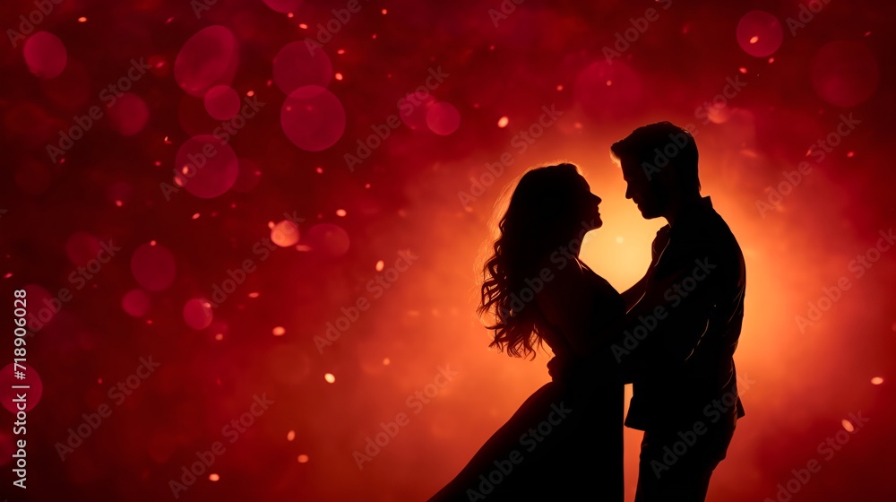 Romantic couple in a red background surrounded by roses , Romantic couple, red background, roses Romantic couple in a red background surrounded by roses , Romantic couple, red background, roses