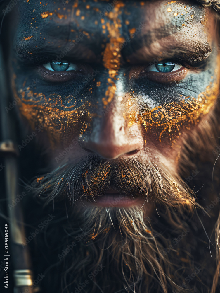 Gros plan sur le visage maquillé d'un viking 
