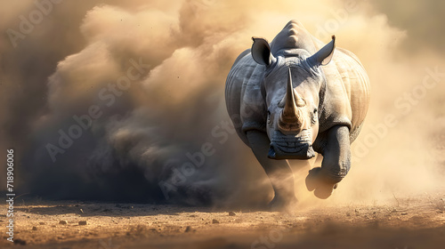 Running rhinoceros in dust