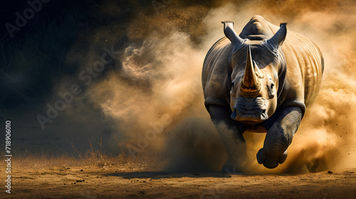Running  rhinoceros in dust