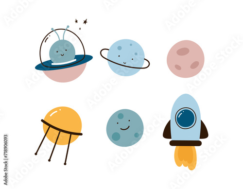 Space set with cute planets, rocket, flying saucer, alien, satellite. Cartoon flat style. Vector illustration.