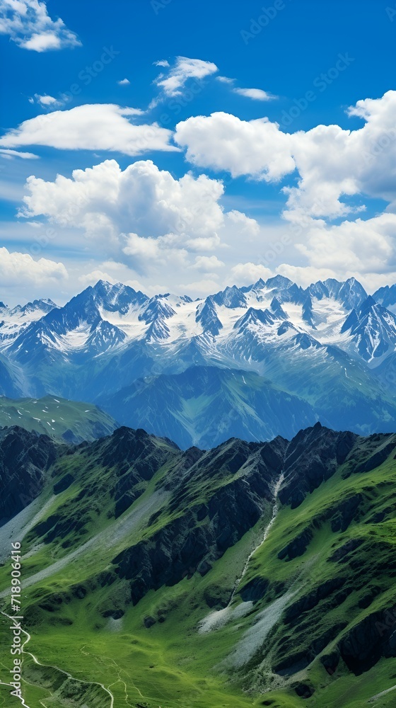 Panoramic view of a snowy mountain range in summer , Panoramic view, snowy mountain range, summer