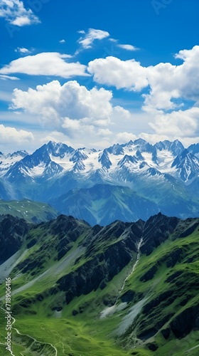 Panoramic view of a snowy mountain range in summer , Panoramic view, snowy mountain range, summer