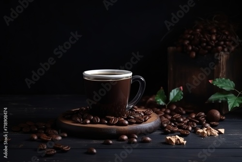 Cup coffee beans wooden. Hot espresso and coffee bean. Espresso coffee machine.
