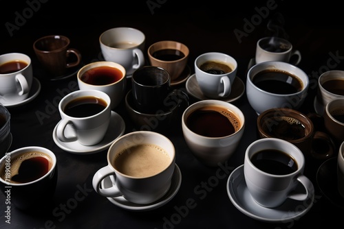 Cup coffee beans wooden. Hot espresso and coffee bean. Espresso coffee machine.