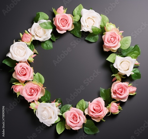 crown circle of white and pink roses on black background with empty space in the middle