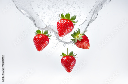 Fresh Falling Strawberry With Water Splash  isolated on white background  selective focus