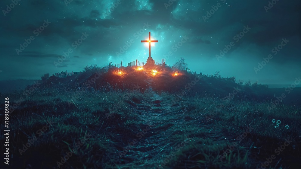 Fototapeta premium Cross in the Sky: A Nighttime View of the Cross on the Hill Generative AI