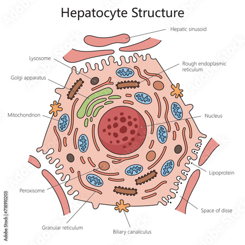 Human hepatocyte liver cell structure diagram hand drawn schematic vector illustration. Medical science educational illustration
