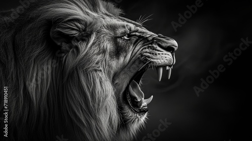Canvas Print Captivating and fierce, a lion stands tall with its mouth open, ready to let out