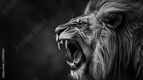 A fierce and majestic mammal, the lion roars with its mouth open, showcasing its powerful fangs and wrinkled snout in the monochrome wilderness photo