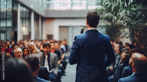 Public speaker in front of an audience in stock photography , Public speaker, audience, stock photography photo
