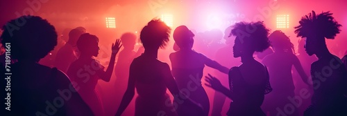 A vibrant sea of magenta silhouettes moving to the beat of the music, each person lost in their own dance but together creating a mesmerizing spectacle in the club