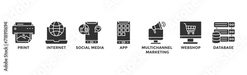 Cross-media banner web icon with icon of print, internet, social media, app, multichannel marketing, webshop and database