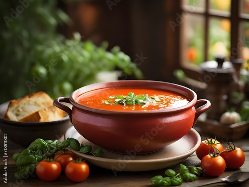 steaming bowl of tomato soup,