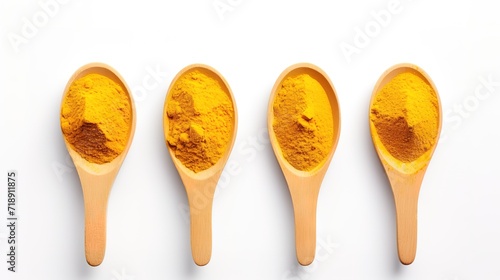 A row of spoons containing turmeric powder on a white background. generative AI
