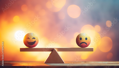 Fototapeta See saw of emotions swinging between happy and sad a roller coaster ride of emotions. People with Bipolar can experience episodes of mania, hypomania, depression, and mixed moods