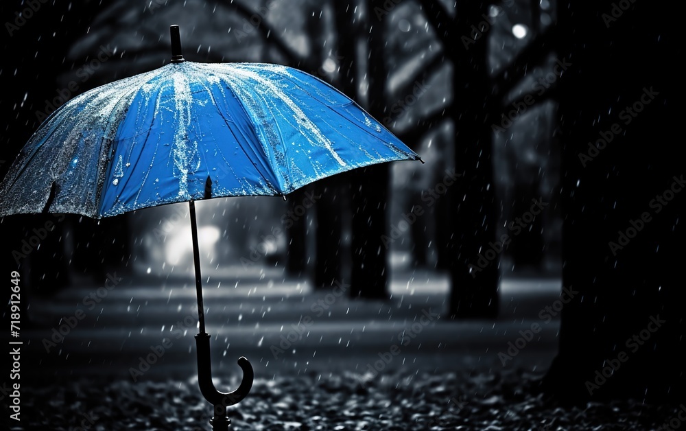 A blue umbrella in the photo with a black bokeh background. generative Ai