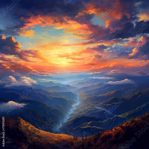 A panoramic view of a mountainous landscape at sunset, with the sky ablaze in vibrant colors, and fluffy clouds catching the last light.