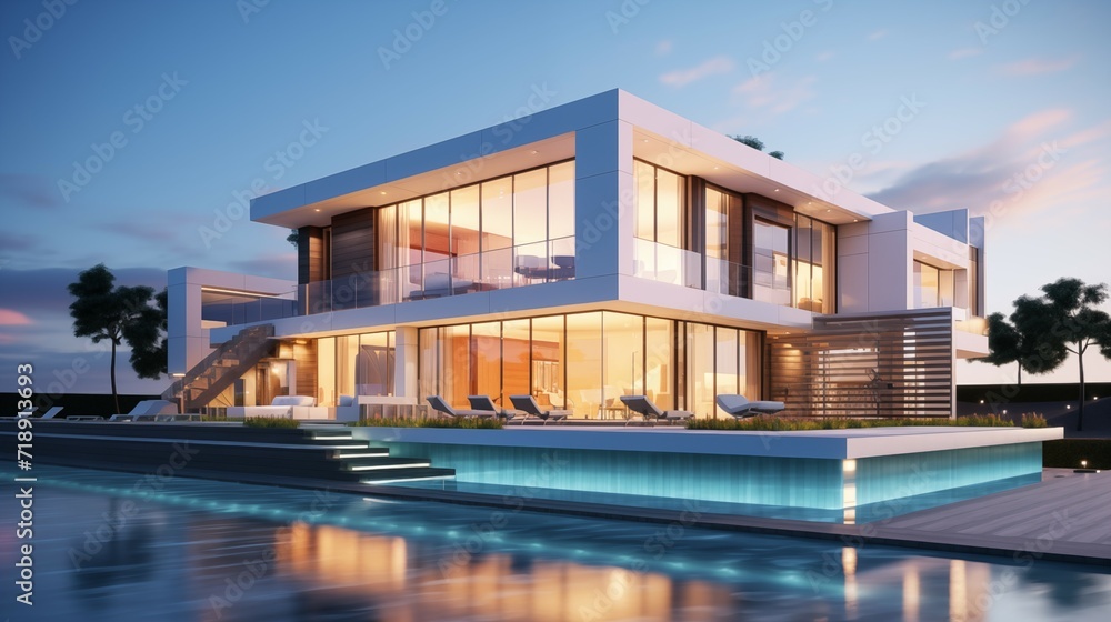 3D rendering of a modern house with a swimming pool at sunset.