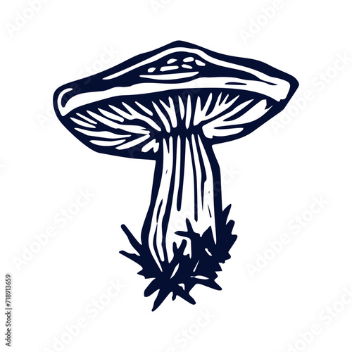 Handmade blockprint mushroom vector motif clipart in folkart scandi style. Simple monochrome linocut fungi shapes with naive rural lineart.