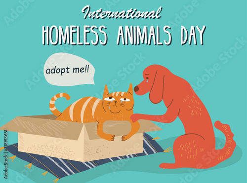 Colorful horizontal banners template. 
International homeless animals day. Cute characters cat and dog in a box with I Need Home text. Vector illustration for web design. Pets adoption concept.