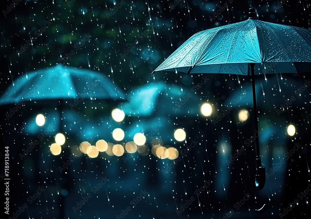 An blue umbrella floating under raindrops with a bokeh effect. generative AI