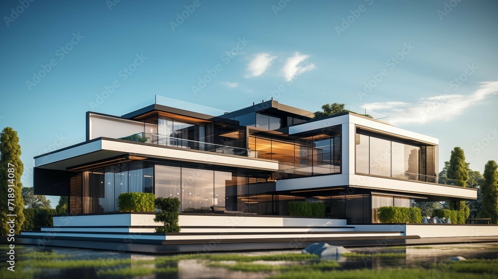 A 3D rendering of a huge modern two-story house with a lot of windows and a balcony. 