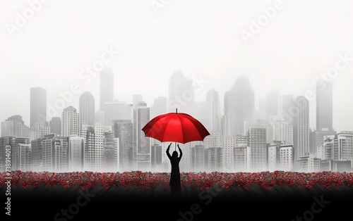 illustration of a person carrying a red umbrella with a city background. generative AI