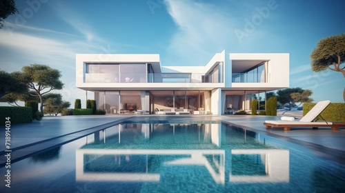 3D rendering of a modern house with a swimming pool. © PhornpimonNutiprapun