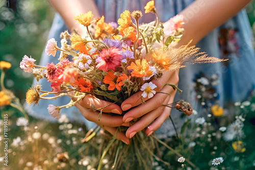 Hands of young woman with bouquet of wildflowers. Cottagecore. Simple life, information detox, connection with nature