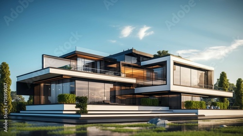 A 3D rendering of a huge modern two-story house with a lot of windows and a balcony.  © PhornpimonNutiprapun