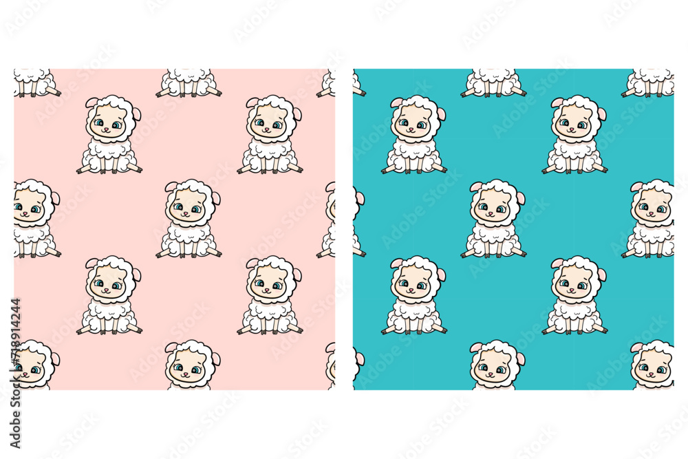 sheep lamb on turquoise pink blue background for boys and girls background seamless endless pattern vector illustration