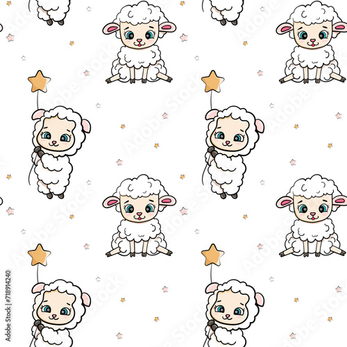 cute happy sheep lamb flies on star to sleep on white background with stars seamless endless pattern vector illustration