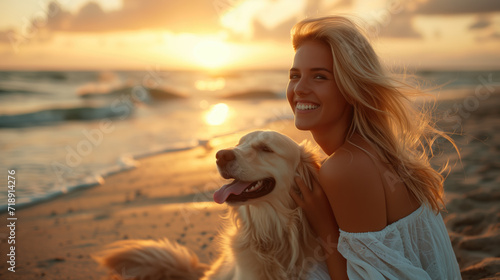 A joyful woman in a white dress and her golden retriever enjoy a beautiful sunset on the beach, both looking towards the camera with happy expressions. 