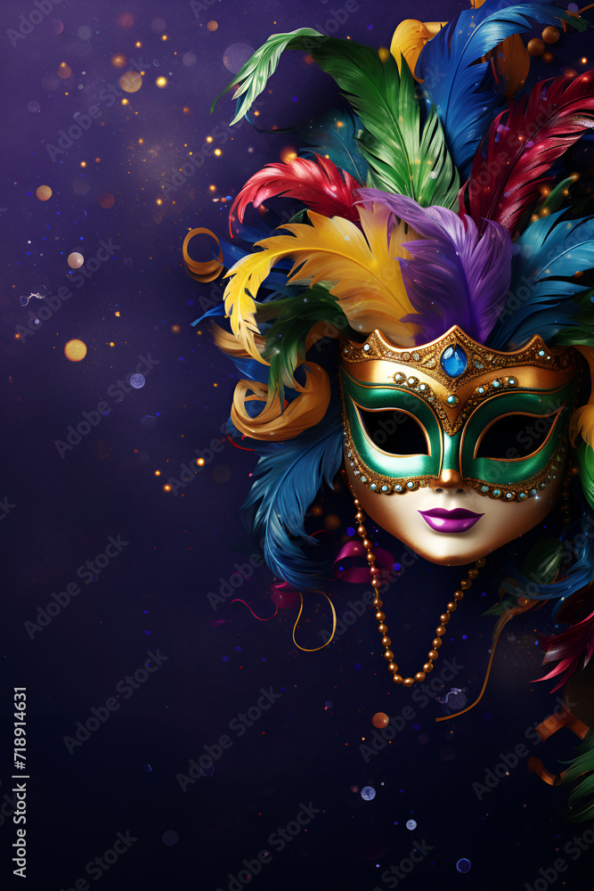 Vibrant Venetian carnival mask adorned with colorful feathers against a purple backdrop, Mardi Gras